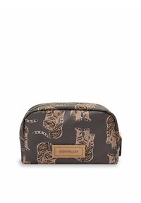 Bruine cosmeticatas met een tijgerpatroon, ritsluiting en een goudkleurige logoplaat. Gemaakt van duurzaam materiaal met een matte afwerking.