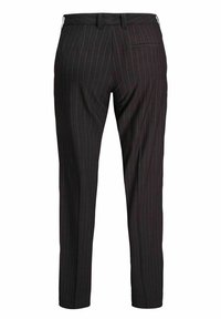 Black pinstriped trouser with a tailored fit, featuring belt loops, single back pocket, and smooth fabric texture.