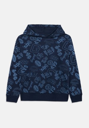 Marineblauwe hoodie met een all-over ontwerp van lichtblauwe sportthema logo's, teksten en graphics, inclusief de ontwerpen "GAP" en "1969".