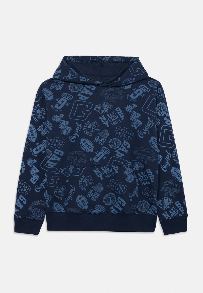 Felpa blu navy con loghi, testi e grafiche a tema sportivo in azzurro su tutta la superficie, inclusi i design "GAP" e "1969".