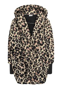 Leopardprint hooded badjas met een zachte, gestructureerde stof in zwart, beige en roze tinten. Inclusief lange mouwen en voorzakken.
