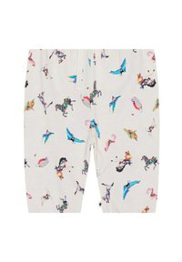 Gepatternde katoenen broek met een crèmekleurige basis en multikolorige dierenillustraties, waaronder zebra's en vogels. Elastische tailleband.