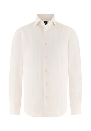 Chemise de ville blanche à manches longues avec de discrètes rayures verticales, boutonnée à l'avant, col classique et poignets boutonnés.