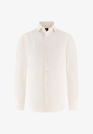 Chemise de ville blanche à manches longues avec de discrètes rayures verticales, boutonnée à l'avant, col classique et poignets boutonnés.