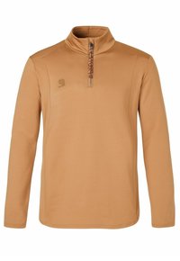 Karamelbrun langærmet pullover med halvlynl�ås og blød tekstur samt logo-detalje. Enkelt design med forstærket syninger langs sømmene.