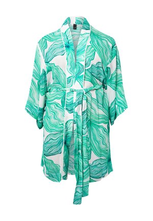 Groene en witte gewaad met een vloeiende bladerenpatroon, gemaakt van lichtgewicht stof, met een riem in de taille en brede mouwen.