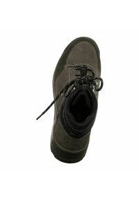 Gray and navy hiking boot with suede and synthetic materials. Features laces, stitching details, and a rubber sole.