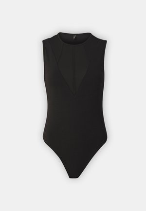 Črn bodi s brezrokavim dizajnom, visokim ovratnikom in mrežnim panelom spredaj. Gladka tekstura, prilegajoča oblika in minimalna oprema.