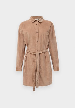 Light brown corduroy button-up shirt dress with long sleeves, collar, and a matching fabric belt tied at the waist.