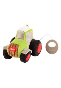 Plush toy tractor in green, black, and beige with red wheels. Features varied textures, a fabric bumper, and a pull string for sound.