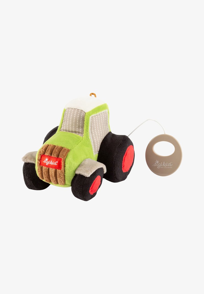 Plush toy tractor in green, black, and beige with red wheels. Features varied textures, a fabric bumper, and a pull string for sound.