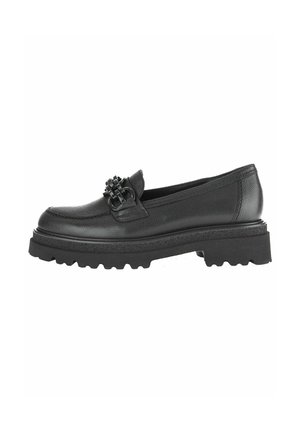 Black leather loafers feature a textured finish, chunky tread sole, and a distinctive buckle accent. The design is sleek and modern.