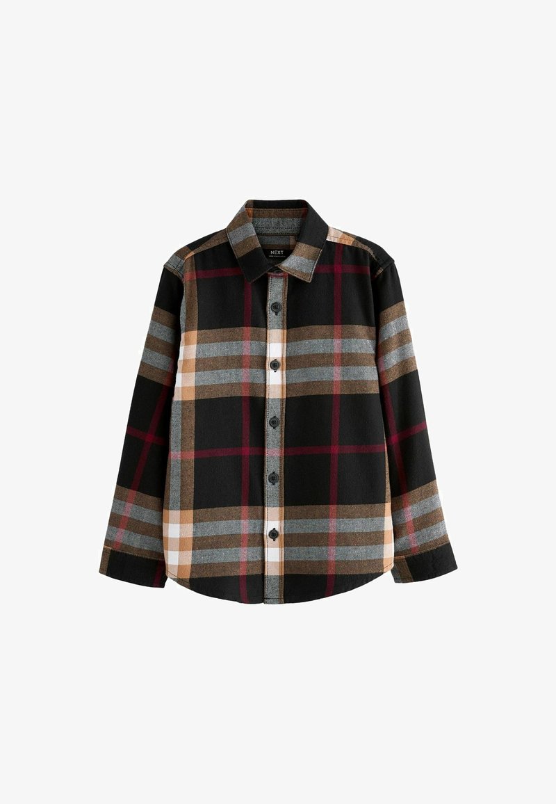 Schwarz-, rot- und braun-karierter Hemd mit langen Ärmeln, Knopfverschluss vorne und spitzem Kragen. Hergestellt aus einem weichen, strukturierten Stoff.