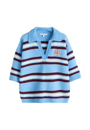 Blue striped sweater with a V-neck and short sleeves, featuring white and burgundy stripes and a circular embroidered logo on the chest.