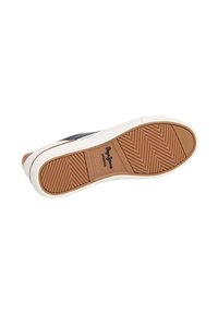 Zapato con suela de goma que presenta un patrón en zigzag, entresuela blanca y parte superior en marrón y azul marino. Marca visible en la suela.