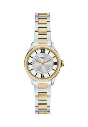 Orologio da polso Fossil argento e oro con numeri romani, tre lancette e cinturino metallico bicolore.