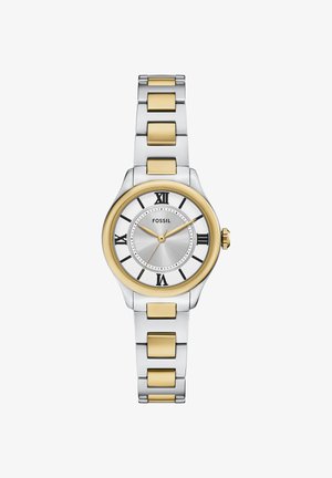Montre-bracelet Fossil argent et or avec chiffres romains, trois aiguilles, et un bracelet métallique bicolore.