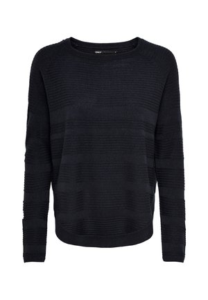 Sweater preto com um padrão texturizado listrado, decote redondo, mangas longas e um corte solto com uma bainha arredondada. Feito de material de malha macia.