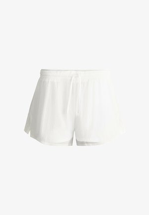 Weiße leichte Shorts mit elastischem Bund und Kordelzug, seitlichen Schlitzen und einem dezenten strukturierten Muster.
