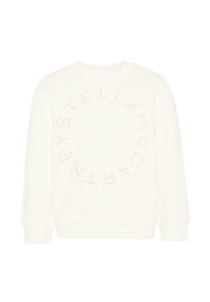Felpa bianca con un design circolare di piccoli puntini colorati che formano il testo "STELLA MCCARTNEY" sull'area del petto.