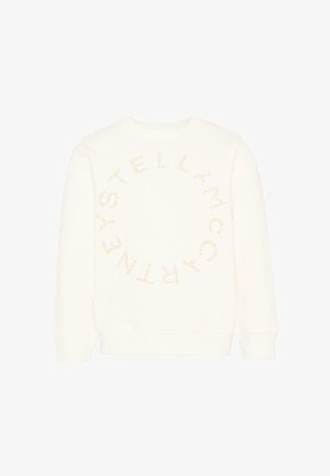 Sweat-shirt blanc avec un design circulaire de petits points colorés formant le texte "STELLA MCCARTNEY" au niveau de la poitrine.