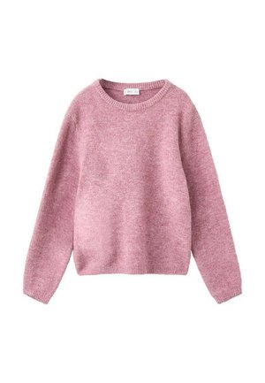 Pull en tricot rose avec un col rond et des manches longues. Présente une texture douce et une coupe décontractée, avec des poignets et un ourlet côtelés.