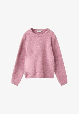 Maglione rosa a maglia con scollo rotondo e maniche lunghe. Presenta una texture morbida e una vestibilità rilassata, con polsini e orlo a coste.