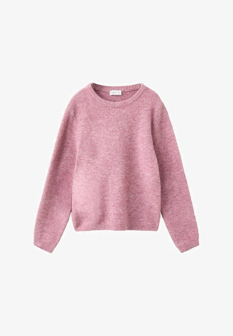 Roza pletena majica z okroglim izrezom in dolgimi rokavi. Ima mehak teksturo in sproščen kroj, z rebrastimi manšetami in robom.