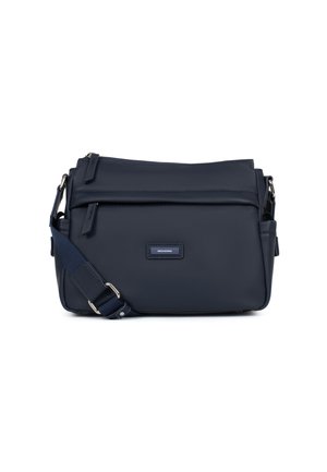 Borsa a tracolla navy realizzata in materiale liscio, con multiple tasche, una tracolla regolabile e una piccola placca con logo sul davanti.