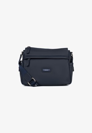 Borsa a tracolla navy realizzata in materiale liscio, con multiple tasche, una tracolla regolabile e una piccola placca con logo sul davanti.