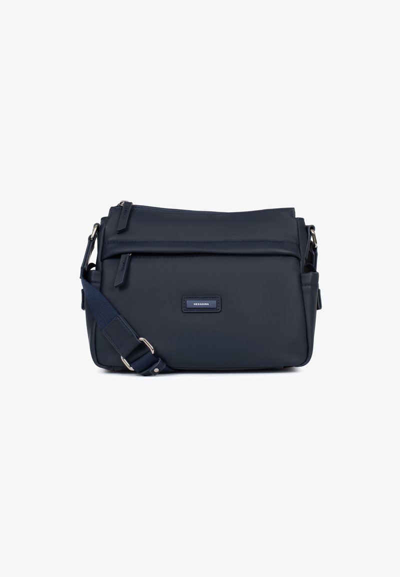 Borsa a tracolla navy realizzata in materiale liscio, con multiple tasche, una tracolla regolabile e una piccola placca con logo sul davanti.