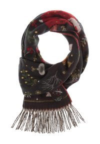 Foulard sombre avec des motifs de Noël rouges, verts et blancs et des franges torsadées sur un fond blanc.