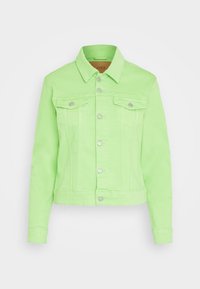 Neon grön denimjacka med klassisk krage, framfickor och silverknappar. Har långa ärmar och en kortad design.