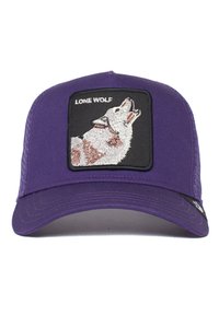 Cappellino da baseball viola con un logo di un lupo ricamato su un patch nero con il testo "LONE WOLF". Design strutturato con visiera curvata.