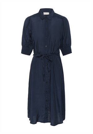 Marineblaues Hemdkleid mit Knopfleiste, kurzen Puffärmelchen und gebundenem Taillenbund. Glatte Stoffoberfläche mit leichtem Glanz und elastischen Akzenten.