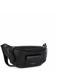 Marsupio in pelle nera con finitura texturizzata, scomparto principale con zip e tasca frontale. Cinghia regolabile per il massimo comfort.