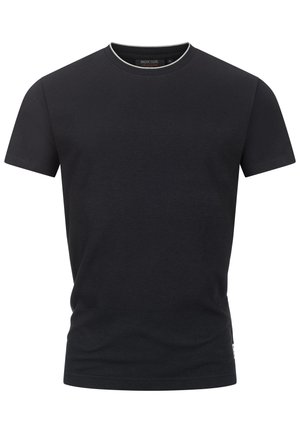 Schwarzes Kurzarm-T-Shirt aus strukturiertem Baumwollstoff, mit einem runden Ausschnitt mit kontrastierendem Saum und einem kleinen Logoetikett am Saum.