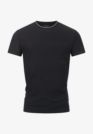 Schwarzes Kurzarm-T-Shirt aus strukturiertem Baumwollstoff, mit einem runden Ausschnitt mit kontrastierendem Saum und einem kleinen Logoetikett am Saum.