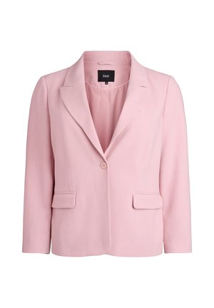 Svetloružové dámske sako s výrezovými klopami, zapínaním na jeden gombík, prednými vekom krytými vreckami a dlhými rukávmi.