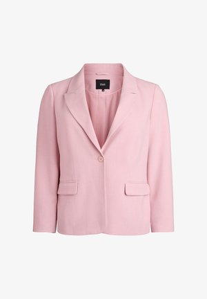 Svetloružové dámske sako s výrezovými klopami, zapínaním na jeden gombík, prednými vekom krytými vreckami a dlhými rukávmi.