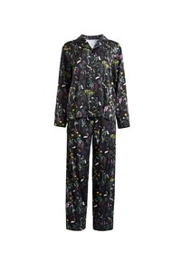 Black pajama set with long sleeves and pants, featuring a colorful floral pattern. Made from soft fabric with a smooth texture.
