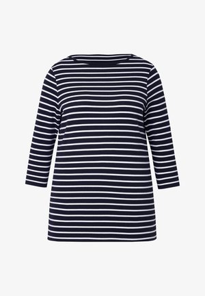 Camiseta de rayas azul marino y blanca de manga larga. Cuello redondo, corte relajado, tejido suave. Rayas horizontales uniformemente espaciadas en toda la prenda.