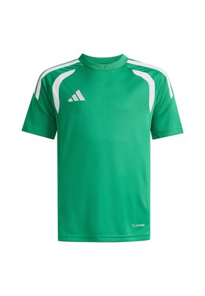 Zielona sportowa koszulka z krótkim rękawem z białymi pasami na ramionach, logo Adidas na piersi oraz tekst "Climacool" w pobliżu krawędzi.