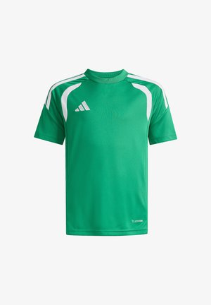 Zielona sportowa koszulka z krótkim rękawem z białymi pasami na ramionach, logo Adidas na piersi oraz tekst "Climacool" w pobliżu krawędzi.