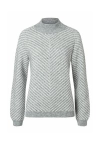 Grauer Pullover mit hohem Kragen, der ein Chevron-Muster in unterschiedlichen Breiten aufweist. Hergestellt aus weichem Material mit gerippten Bündchen und Saum.