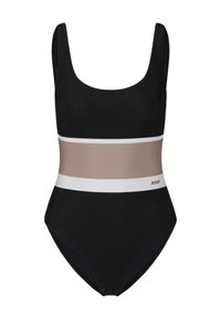 Maillot de bain une pièce noir avec un encolure arrondie, de larges bretelles et un design en color-block avec des rayures horizontales beiges et blanches au niveau de la taille.