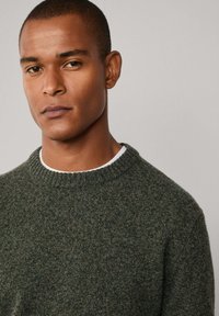Mann mit kurzen Haaren, der einen dunkelgrünen, gestrickten Pullover über einem weißen Rundhals-Shirt trägt, steht frontal vor einem einfachen, hellgrauen Hintergrund.