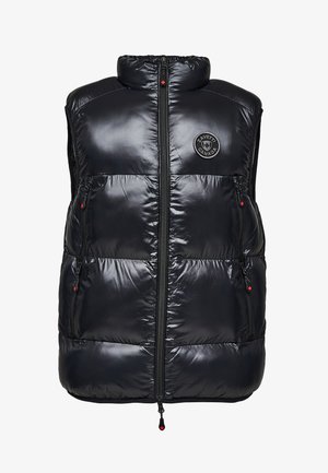 Gilet nero imbottito con colletto alto, chiusura con zip e due tasche laterali. Presenta una patch rotonda con logo sul petto. Texture liscia e lucida.