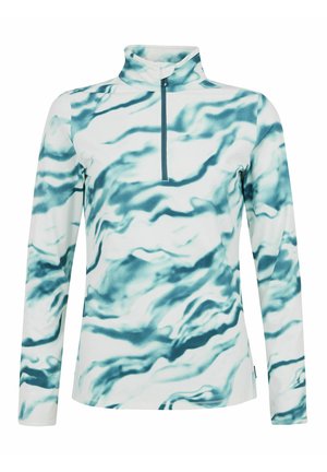 Langärmliges Oberteil mit einem halben Reißverschluss und einem Kragen, das ein türkis-weißes Wellenmuster auf weichem, glattem Stoff aufweist. Ideal für Sportbekleidung.