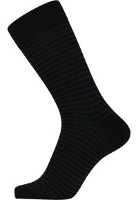Black socks with dark blue stripes, made of a smooth material. The design includes a ribbed cuff at the top and a standard sock shape.